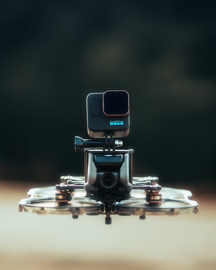 Services A GoPro camera mounted on a drone flying outdoors, captured in a vivid close-up shot.