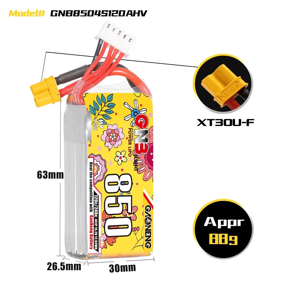 GAONENG GNB LiHV 4S 15.2V 850mAh 120C XT30 LiPo Battery - Image 5